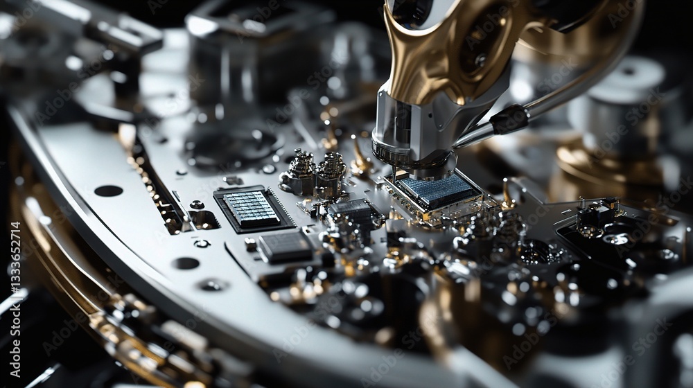 Poster metallic robot arm assembling electronics in a high-tech factory