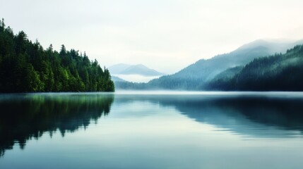 Serene lake reflecting misty mountains