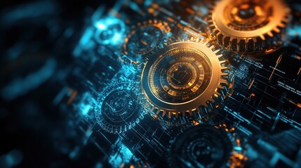 Obraz premium Futuristic Technological Background with Gears and Digital Patterns