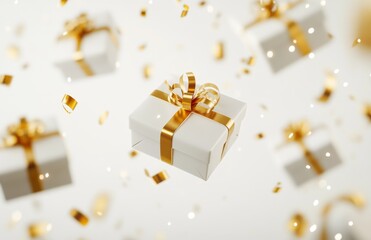 Floating white gift boxes with gold ribbon in celebratory confetti background