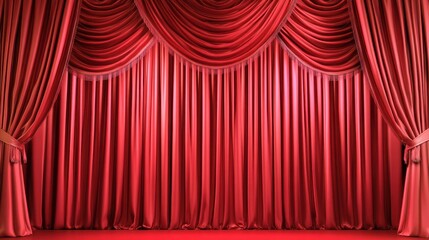 Bright and luxurious red curtains on stage with spotlights, designed for luxury shows, theatre, and exhibition events.