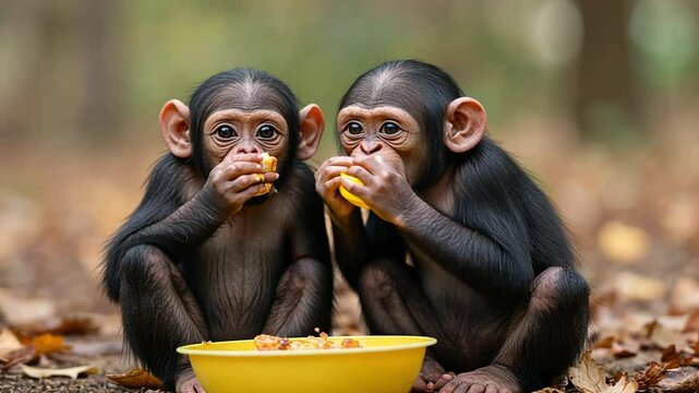 Two Young Monkeys Sitting Together and Eating Snacks from a Yellow Bowl in a Natural Forest Setting