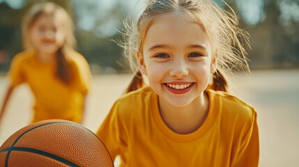 Adaptive Sports for Kids, Young Girl Enjoying Basketball in a Sunny Outdoor Sports Environment