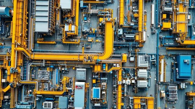 Intricate Industrial Network: A complex and captivating overhead view of a vast industrial network, showcasing a maze of pipes, conduits, and machinery in a display of engineering.