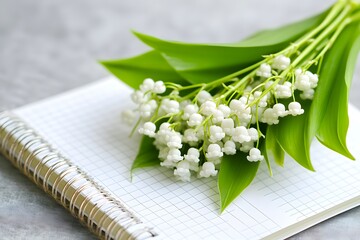 Obraz premium Delicate Lily of the Valley Bouquet on Notebook