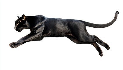 Agile black panther in mid-air leap showcasing strength and grace against a clean white background, perfect for wildlife and nature photography collections