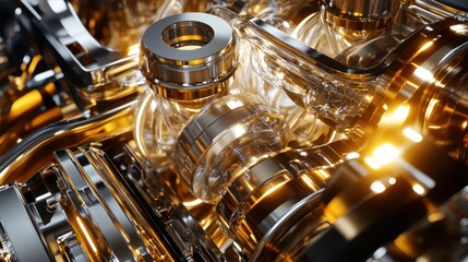 Car engines featuring complex components with shiny metal parts, showcasing intricate engineering and advanced technology.