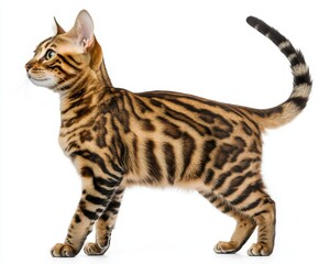 Beautiful Bengal Cat with Distinctive Coat Patterns Standing Elegantly Against a Bright White Background in a Studio Setting