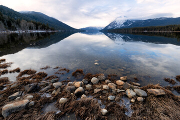 A tranquil mountain lake mirrors the surrounding landscape, featuring a rocky shoreline that enhances the peaceful atmosphere of the natural environment.