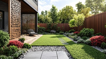 Obraz premium Backyard with a terrace and wooden fence