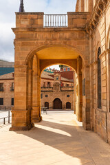 Obraz premium Arch and arcades of the neoclassical building of the town hall of Linares in Jaen, Andalusia.