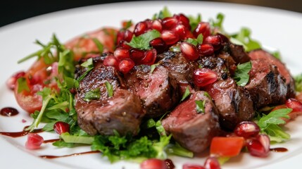 Chicken liver and a fresh salad with pomegranate are elegantly presented on a white plate, showcasing a blend of rich flavors and vibrant colors.