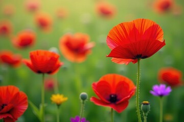 Obraz premium Red poppy field with a few cornflowers and cosmos, red poppy, cosmos, flowers