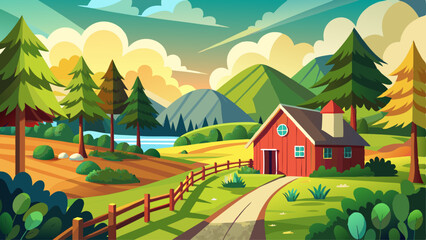 Fototapeta premium Rural Sweden summer landscape with road, green trees and wooden fence. Adventure scandinavian hipster eco concept