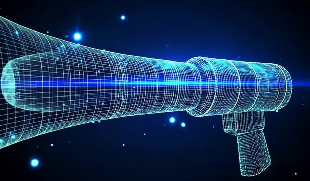 Futuristic holographic megaphone emitting light in a dark digital environment with glowing particles