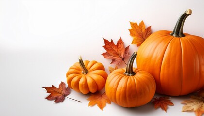fall pumpkins and autumn leaves on white background thanksgiving halloween