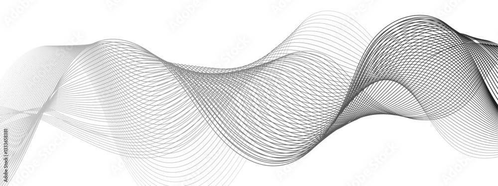 Poster Abstract black and white vector wave background. Wavy grey stream element with frequency sound wave lines, technology, data science, business wave line background. Curved wavy line smooth stripes. 