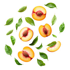 Fresh Peach Halves with Leaves Isolated on Transparent Background
