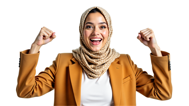 Joyful middle eastern woman with hijab celebrates success, fists raised, smiling broadly. Studio portrait on white. Isolated on transparent background. Use for positive emotion, diversity,