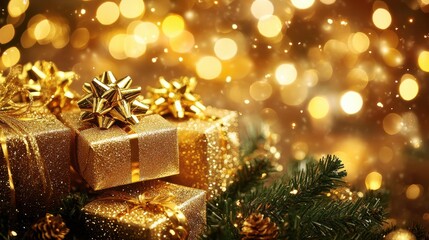 Christmas gift boxes adorned with gold decorations and confetti, set against a bokeh lights background, create a festive and elegant scene for the New Year and Christmas 2025 celebrations.