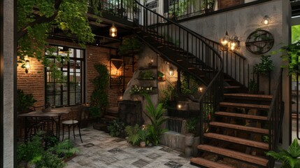 Fototapeta premium Industrial Cafe Interior Design Greenery Waterfall Staircase