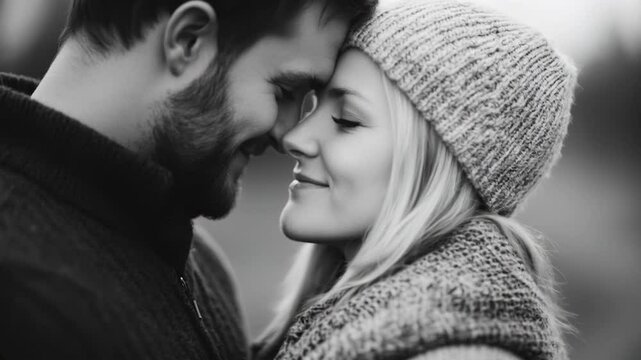 Couple in Cozy Winter Clothing Shares Intimate Moment, Touching Foreheads and Smiling Softly, Conveying Warmth and Affection in Black and White Vdo with Knitted Hat and Scarf
