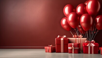 red birthday balloons and gifts background copy space