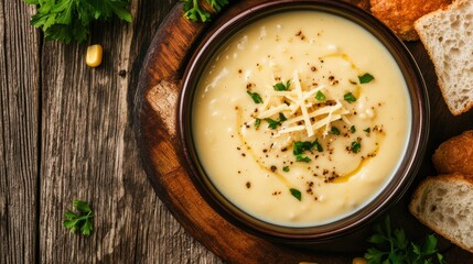 Creamy corn soup is served on a wooden table, highlighting its smooth, velvety texture and rich flavor.