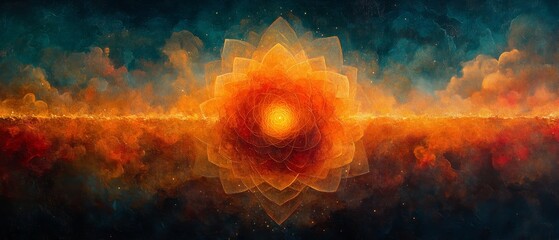 Celestial Mandala A Cosmic Flower in Fiery Sunset