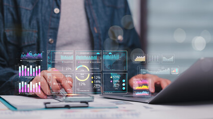 Data Driven Insights Tech Savvy Professional In Modern Corporate Office Analyzing Data Visualizations On Laptop Screen, Driving Informed Investment Decisions, Thriving Economy Through Data Technology