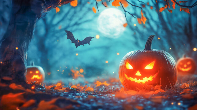 Halloween night with glowing pumpkins, flying bats, and a full moon in a spooky forest setting