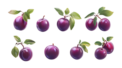 Eight ripe purple plums showcasing various groupings and leaf attachments are set against a stark transparent background for design use.