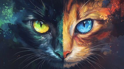 close up of a cat with different eye colors