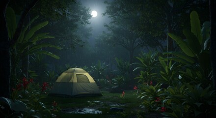 Camping Tent in Tropical Rainforest at Night Under Full Moon