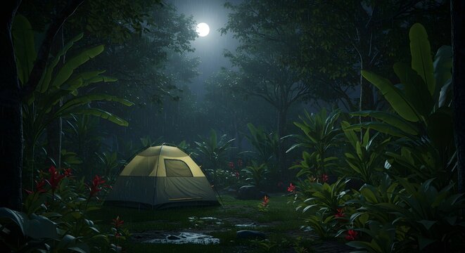 Camping Tent in Tropical Rainforest at Night Under Full Moon - Powered by Adobe