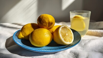 bright yellow lemons on white linen sunlit still life blue ceramic plate glass of lemonade fresh citrus organic shapes soft shadows