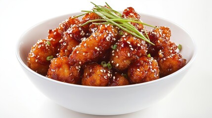 Crispy florets coated in a spicy glaze, garnished with sesame seeds, showcased in a visually appealing advertising display.