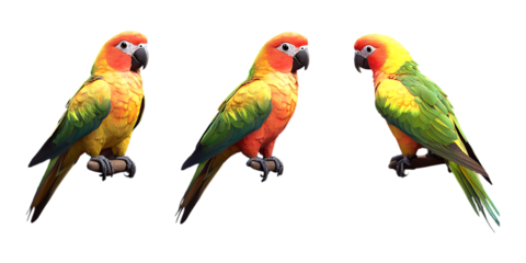 Three colorful Sun Conure parrots perch together displaying tropical plumage isolated on a transparent background ideal for banner promotion.