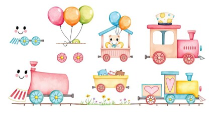 Adorable Watercolor Train Illustration Kids Toys Balloons Cute Animals