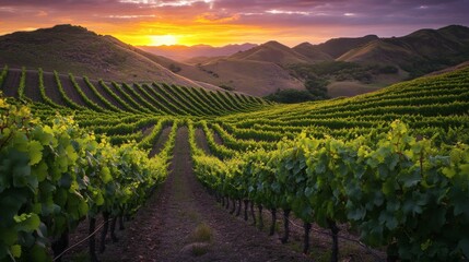 Naklejka premium Scenic sunset view over a lush green vineyard landscape