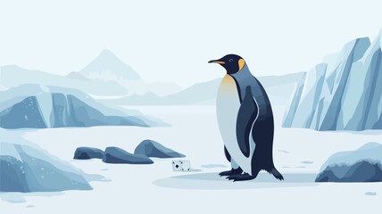 Fototapeta premium A digital illustration depicting a king penguin standing on a snowy, rocky landscape. The background features stylized, muted blue mountains and icy terrain. The penguin is rendered in a