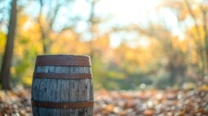 Naklejka premium Rustic Wooden Barrel in Autumnal Forest Nature Fall Vintage