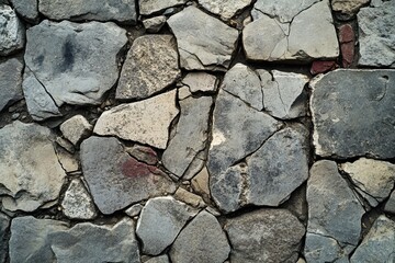 Fototapeta premium Worn cobblestone fragments with cracked surfaces broken stone slabs for vintage display