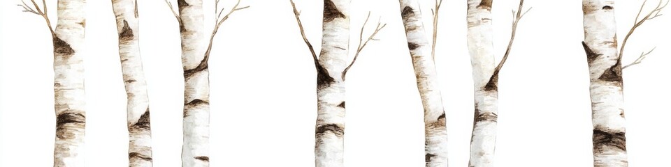 Naklejka premium Watercolor Birch Trees Isolated on White Background