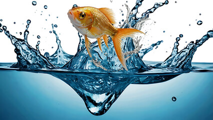 The gold small fish escapes out of the water,  splashing