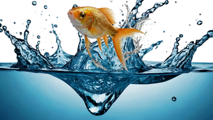 The gold small fish escapes out of the water,  splashing