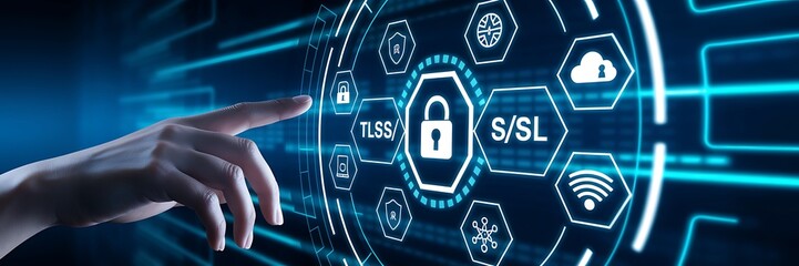 TLS/SSL Security Concept &ndash; Data Encryption & Cybersecurity Protection, digital certificate, HTTPS, SSL certificate, TLS certificate, encryption technology, cyber protection, network security.