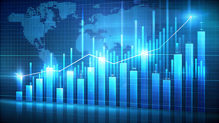 Watercolor bar chart illustration with ascending bars and trend line on a blue and light blue grid background, financial or economic concept with glowing emphasis  
