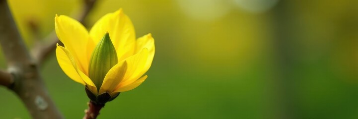Obraz premium Yellow petals unfolding from a small green bud on a tree bush, small bud, tree bush, spring