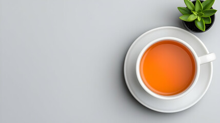 Overhead View of a Cozy Desk Setup with a Cup of Tea and a Small Plant